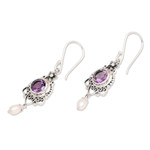 Amethyst and cultured pearl dangle earrings, 'Sublime Purple' - Silver Dangle Earrings with Amethyst Stone & Cultured Pearl