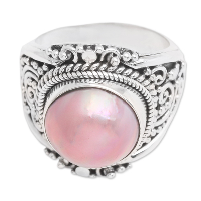 Cultured pearl cocktail ring, 'Pink Traditions' - Classic Folk Art Pink Cultured Pearl Cocktail Ring from Bali