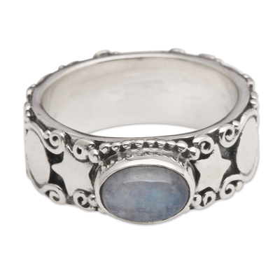 Rainbow moonstone cocktail ring, 'Moon and Constellation' - Star-Themed Natural Rainbow Moonstone Cocktail Ring