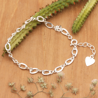 Sterling silver link bracelet, 'You and Romantic Me' - Romantic Sterling Silver Link Bracelet with Heart Charm