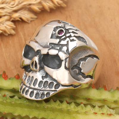 Men’s sterling silver cocktail ring, 'King of the Underworld' - Men's 925 Silver Skull Cocktail Ring with Cubic Zirconia
