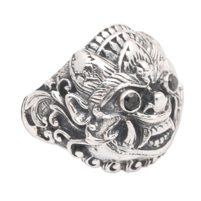 Sterling silver cocktail ring, 'Night of the Genderuwo' - Traditional Genderuwo Cocktail Ring with Black Jewels