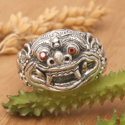 Sterling silver cocktail ring, 'Sacral Barong' - Sterling Silver Barong Cocktail Ring with Red Jewels