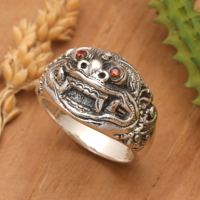 Sterling silver cocktail ring, 'Sacral Barong' - Sterling Silver Barong Cocktail Ring with Red Jewels