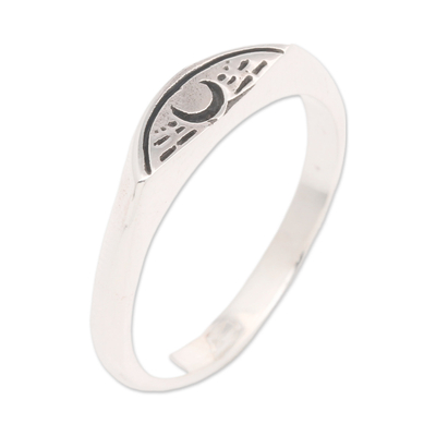 Sterling silver signet ring, 'Crescent Moon Glam' - Sterling Silver Signet Ring with Crescent Moon Motif