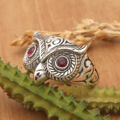 Sterling silver cocktail ring, 'Wise Glare' - Owl-Themed Pink Cubic Zirconia Cocktail Ring from Bali