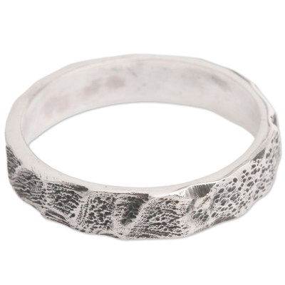 Sterling silver band ring, 'Moon Attraction' - Textured Crescent Moon-Themed Sterling Silver Band Ring