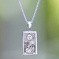 Sterling silver pendant necklace, 'Omens by The Sun' - Tarot-Inspired Sterling Silver The Sun Pendant Necklace