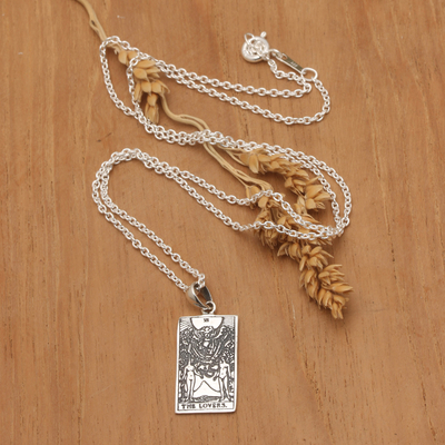 Sterling silver pendant necklace, 'Omens by The Lovers' - Tarot-Inspired Sterling Silver The Lovers Pendant Necklace