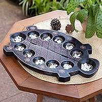 Batik wood mancala set, 'Freshwater Turtle' - Foldable Turtle-Shaped Batik Wood Mancala Board Game Set