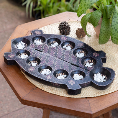 Batik wood mancala set, 'Freshwater Turtle' - Foldable Turtle-Shaped Batik Wood Mancala Board Game Set