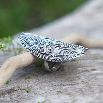 Sterling silver cocktail ring, 'Leaf Glam' - Leaf-Inspired Sterling Silver Cocktail Ring from Bali