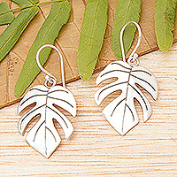 Sterling silver dangle earrings, 'Blossoming Monstera' - Monstera-Shaped Sterling Silver Dangle Earrings from Bali