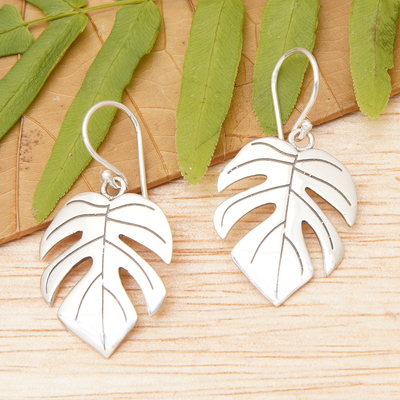 Sterling silver dangle earrings, 'Blossoming Monstera' - Monstera-Shaped Sterling Silver Dangle Earrings from Bali