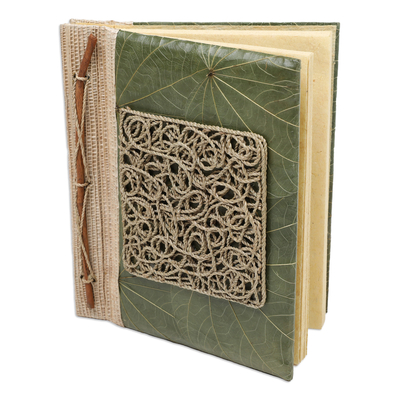 diario de fibras naturales - Diario de fibra natural hecho a mano cubierto de hojas verdes