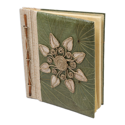 diario de fibras naturales - Diario floral de fibra natural hecho a mano con hojas verdes