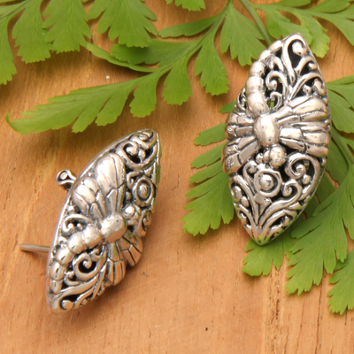 Sterling silver button earrings, 'Dragonfly Harmony' - Openwork Sterling Silver Dragonfly Button Earrings from Bali