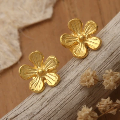 Gold-plated stud earrings, 'Sunshine Frangipani' - Frangipani-Shaped 22k Gold-Plated Stud Earrings from Bali