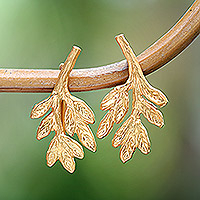 Gold-plated button earrings, 'Triumphant Foliage' - 22k Gold-Plated Leaf-Shaped Button Earrings from Bali