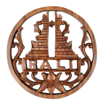 Reliefplatte aus Holz - Handgeschnitzte Holzrelieftafel des balinesischen Lempuyang-Tempels