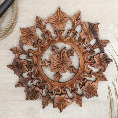 Wood relief panel, 'Hibiscus Blossom' - Hand-Carved Wood Wall Relief Panel with Flowers and Leaves