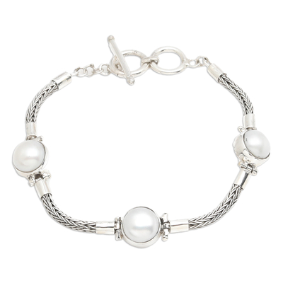 Cultured pearl pendant bracelet, 'Fire of Serenity' - Sterling Silver and Grey Cultured Pearl Pendant Bracelet