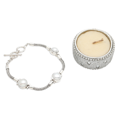 Cultured pearl pendant bracelet, 'Fire of Serenity' - Sterling Silver and Grey Cultured Pearl Pendant Bracelet