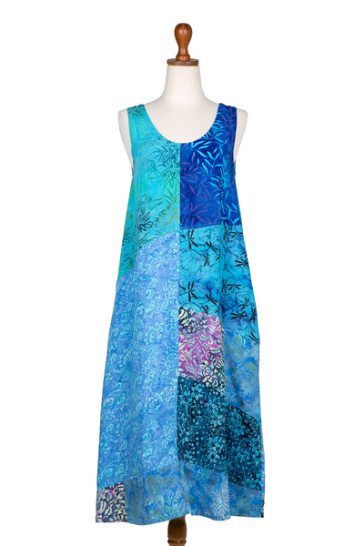 Batik rayon dress, 'Blue Patchwork Dreams' - Batik Leafy Blue and Black Rayon Sleeveless Tank Top Dress