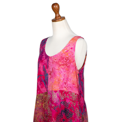 Batik rayon dress, 'Pink Patchwork Dreams' - Batik Magenta and Begonia Rayon Sleeveless Tunic Dress