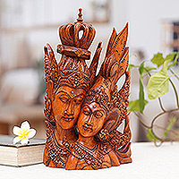 Escultura de madera, 'Shiva & Parvati' - Escultura tradicional balinesa de madera de Shiva y Parvati Suar