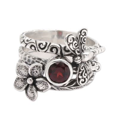 Garnet cocktail ring, 'Passion Dragonfly' - Floral Dragonfly-Themed Natural Garnet Cocktail Ring