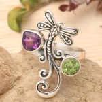 Peridot and amethyst cocktail ring, 'Fantastic Dragonfly' - Dragonfly-Themed 1-Carat Peridot and Amethyst Cocktail Ring