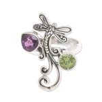 Peridot and amethyst cocktail ring, 'Fantastic Dragonfly' - Dragonfly-Themed 1-Carat Peridot and Amethyst Cocktail Ring
