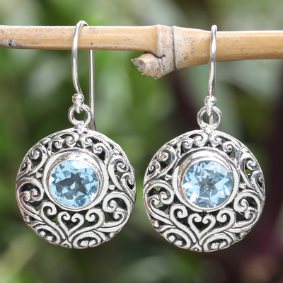 Blue topaz dangle earrings, 'Shimmering Blooms' - Sterling Silver Blue Topaz Dangle Earrings with Vine Motifs