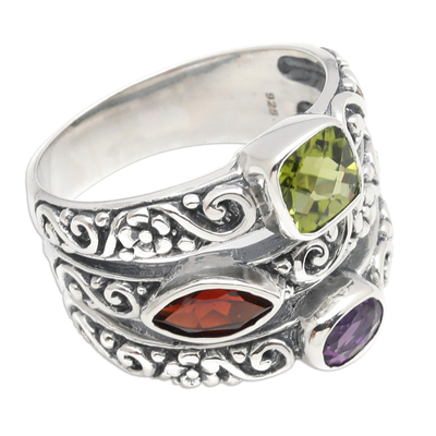 Multi-gemstone cocktail ring, 'Rainbow Spell' - Sterling Silver Peridot Garnet and Amethyst Cocktail Ring