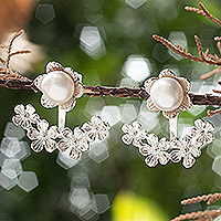 Cultured pearl ear jacket earrings, 'Pearly Heaven' - Floral Sterling Silver White Pearl Ear Jacket Earrings