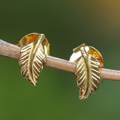 Gold-plated stud earrings, 'Triumph in the Forest' - High-Polished 22k Gold-Plated Leafy Stud Earrings