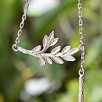 Sterling silver pendant Y necklace, 'Leaf of Divinity' - Nature-Themed Sterling Silver Pendant Y Necklace from Bali