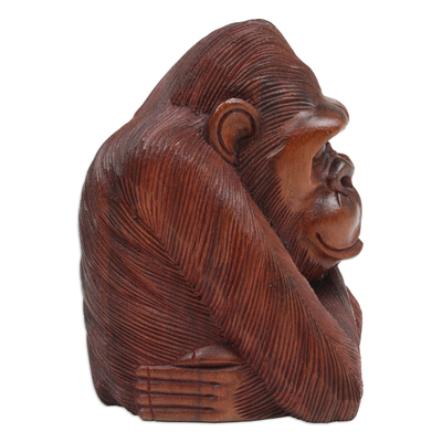 Wood sculpture, 'Thoughtful Orangutan' - Hand-Carved Suar Wood Sculpture of Meditative Orangutan
