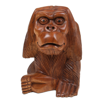 Wood sculpture, 'Bored Orangutan' - Hand-Carved Suar Wood Orangutan Sculpture from Bali