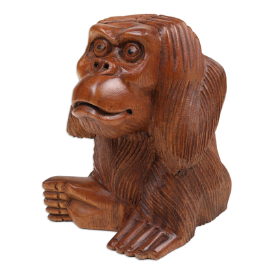 Escultura de madera - Escultura de orangután de madera de Suar tallada a mano de Bali