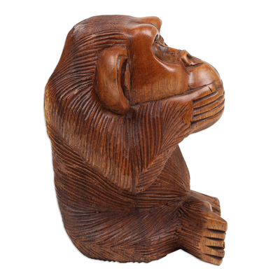 Escultura de madera - Escultura de mono asustado en madera de suar natural tallada a mano