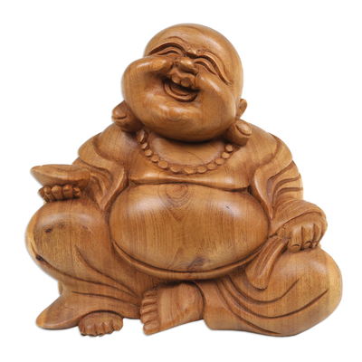 Escultura de madera - Escultura de madera de Suar de Buda sonriente tallada a mano en Bali