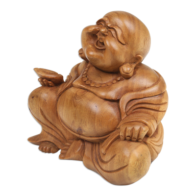Wood sculpture, 'Blissful Buddha' - Suar Wood Sculpture of Laughing Buddha Hand-Carved in Bali