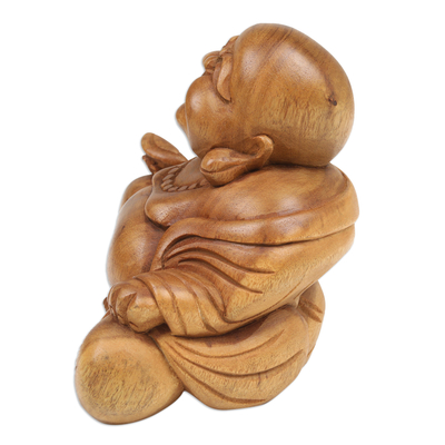 Wood sculpture, 'Blissful Buddha' - Suar Wood Sculpture of Laughing Buddha Hand-Carved in Bali