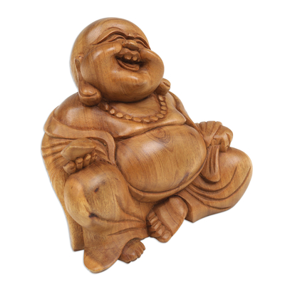 Escultura de madera - Escultura de madera de Suar de Buda sonriente tallada a mano en Bali