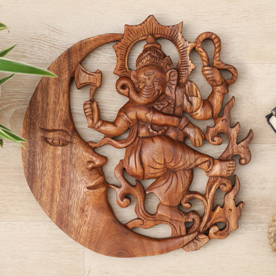 Panel en relieve de madera - Panel en relieve de madera de Ganesha y Luna Suar tallado a mano
