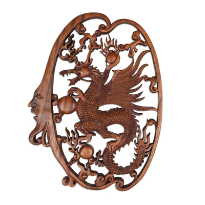 Wood relief panel, 'Regal Dragon' - Hand-Carved Classic Suar Wood Moon and Dragon Relief Panel