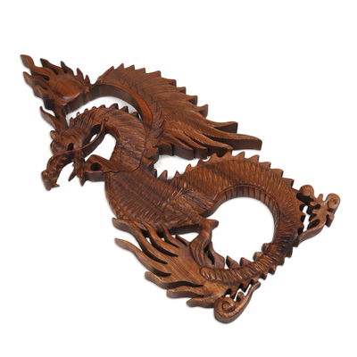 Wood relief panel, 'Burning Dragon' - Hand-Carved Traditional Suar Wood Fire Dragon Relief Panel