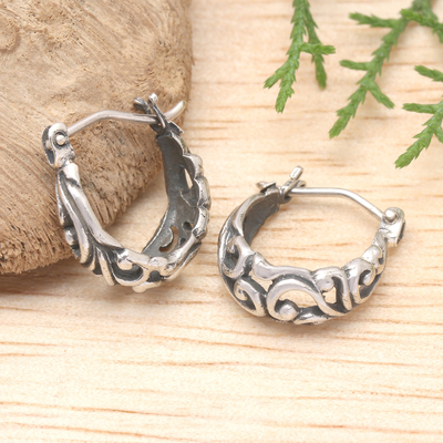 Sterling silver hoop earrings, 'Blowing Winds' - Polished and Oxidized Windy Sterling Silver Hoop Earrings